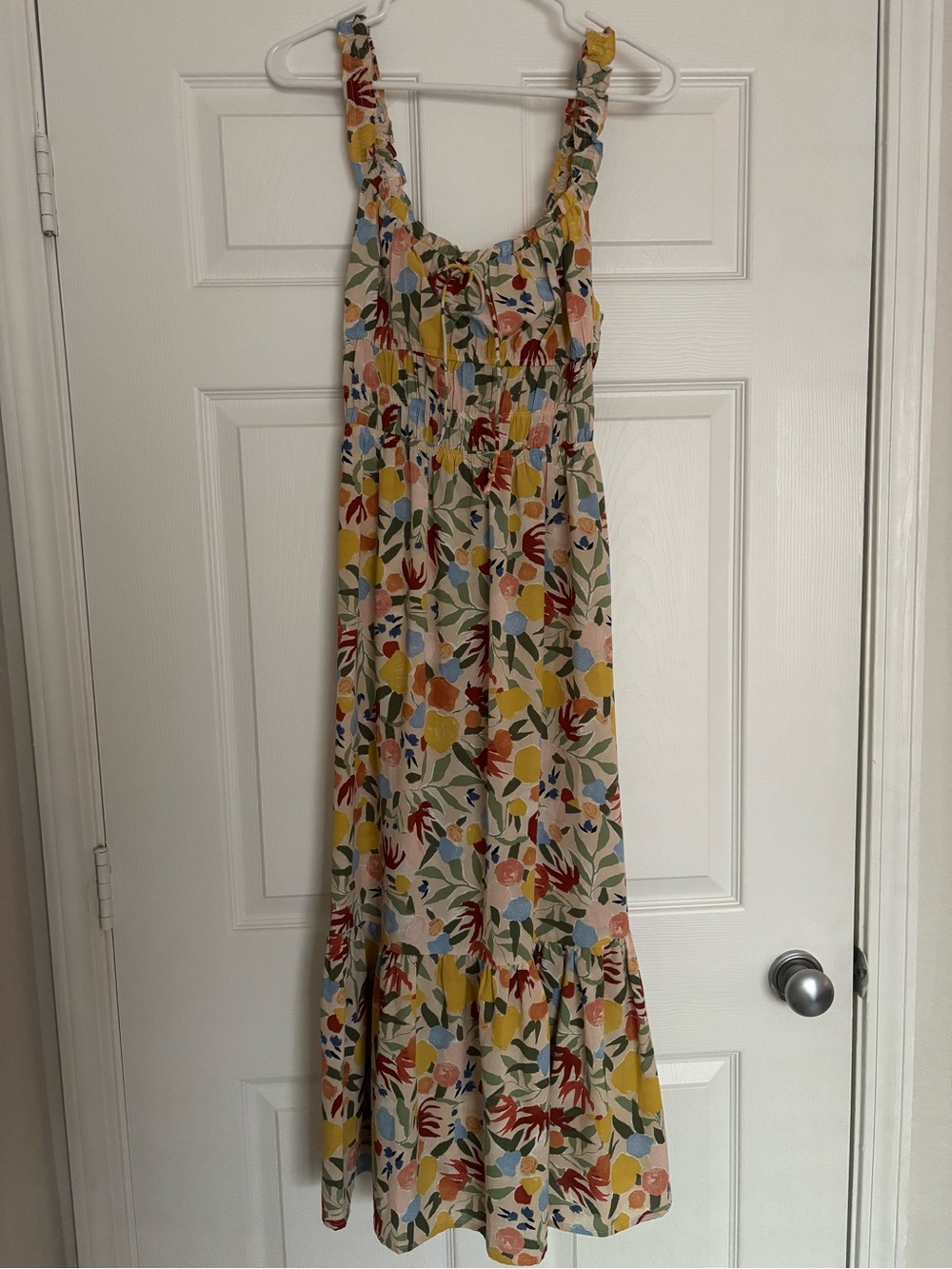 Lush Cream Floral Midi Dress with Yellow, Red & Blue Accents